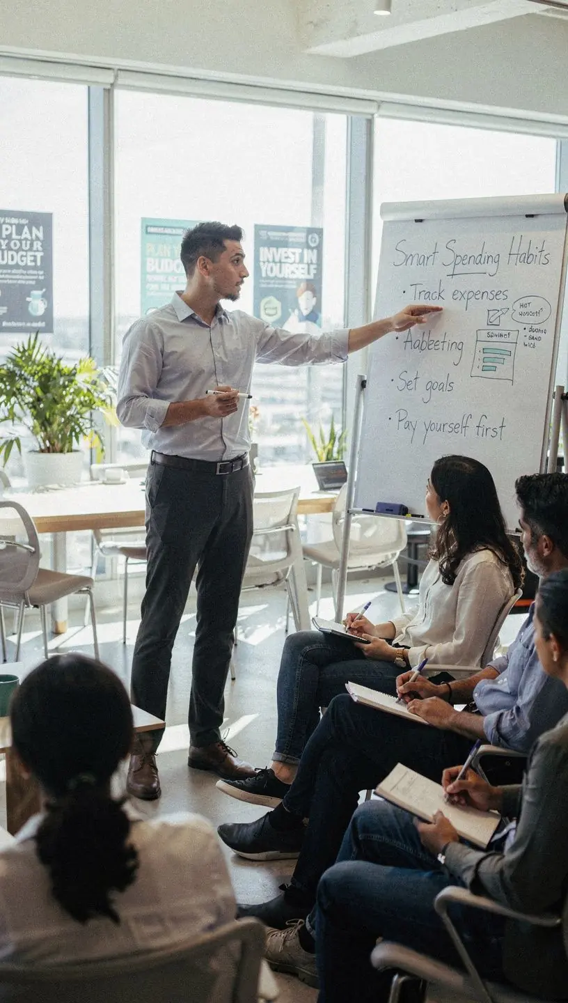 Fotografie knih o finanční gramotnosti uspořádaných vedle šálku kávy.